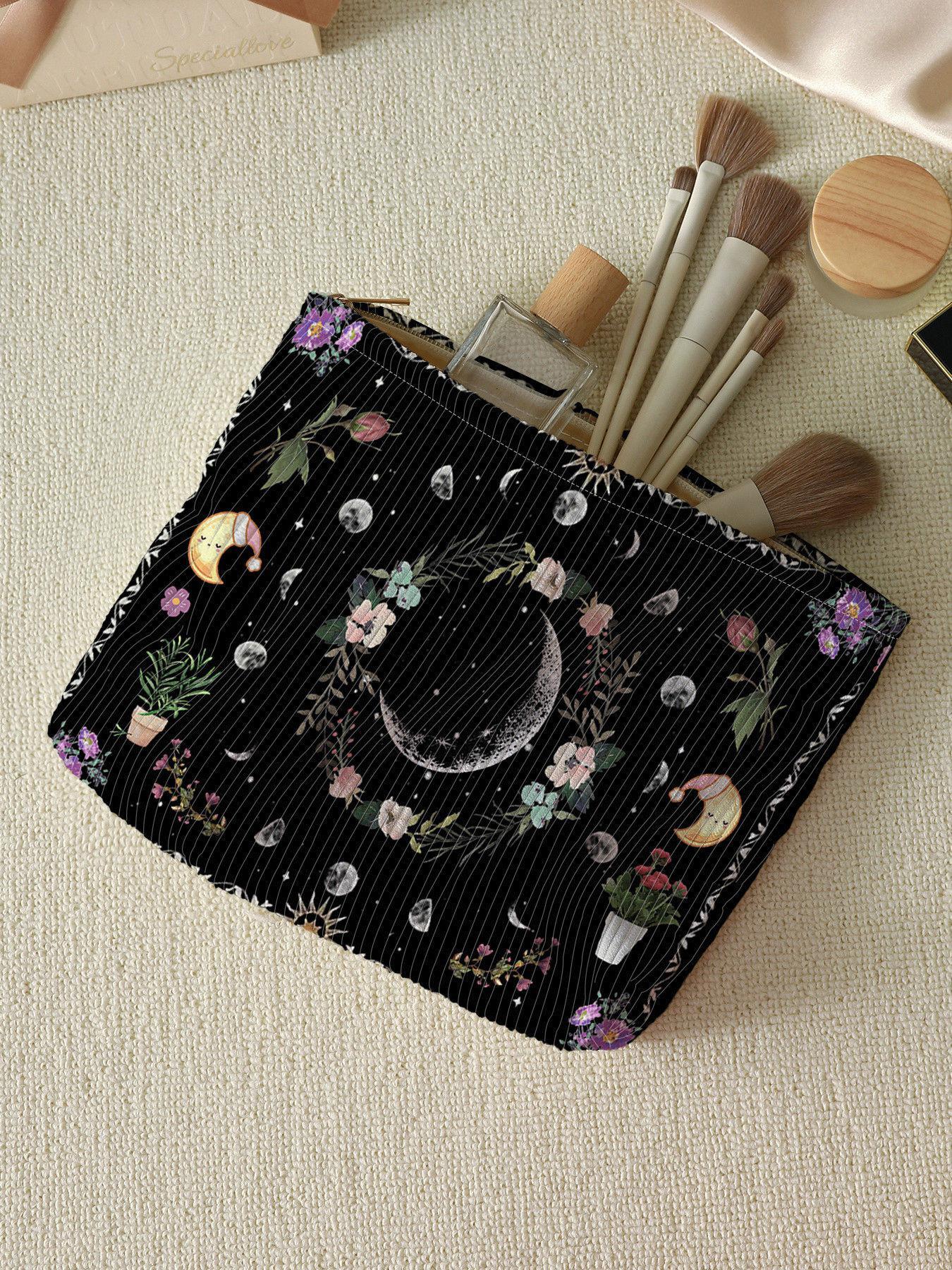 Floral & Moon Pattern Corduroy Makeup Bag, Large Capacity Zipper Cosmetic Storage Bag, Lightweight Multi-functional Toiletry Bag for Women & Girls, Travel Cosmetic Bags, Travel Essentials, Makeup Organizer Pouch