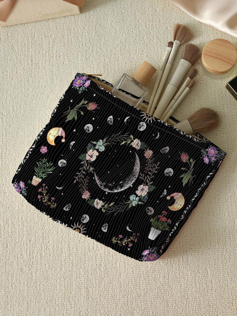 Floral & Moon Pattern Corduroy Makeup Bag, Large Capacity Zipper Cosmetic Storage Bag, Lightweight Multi-functional Toiletry Bag for Women & Girls, Travel Cosmetic Bags, Travel Essentials