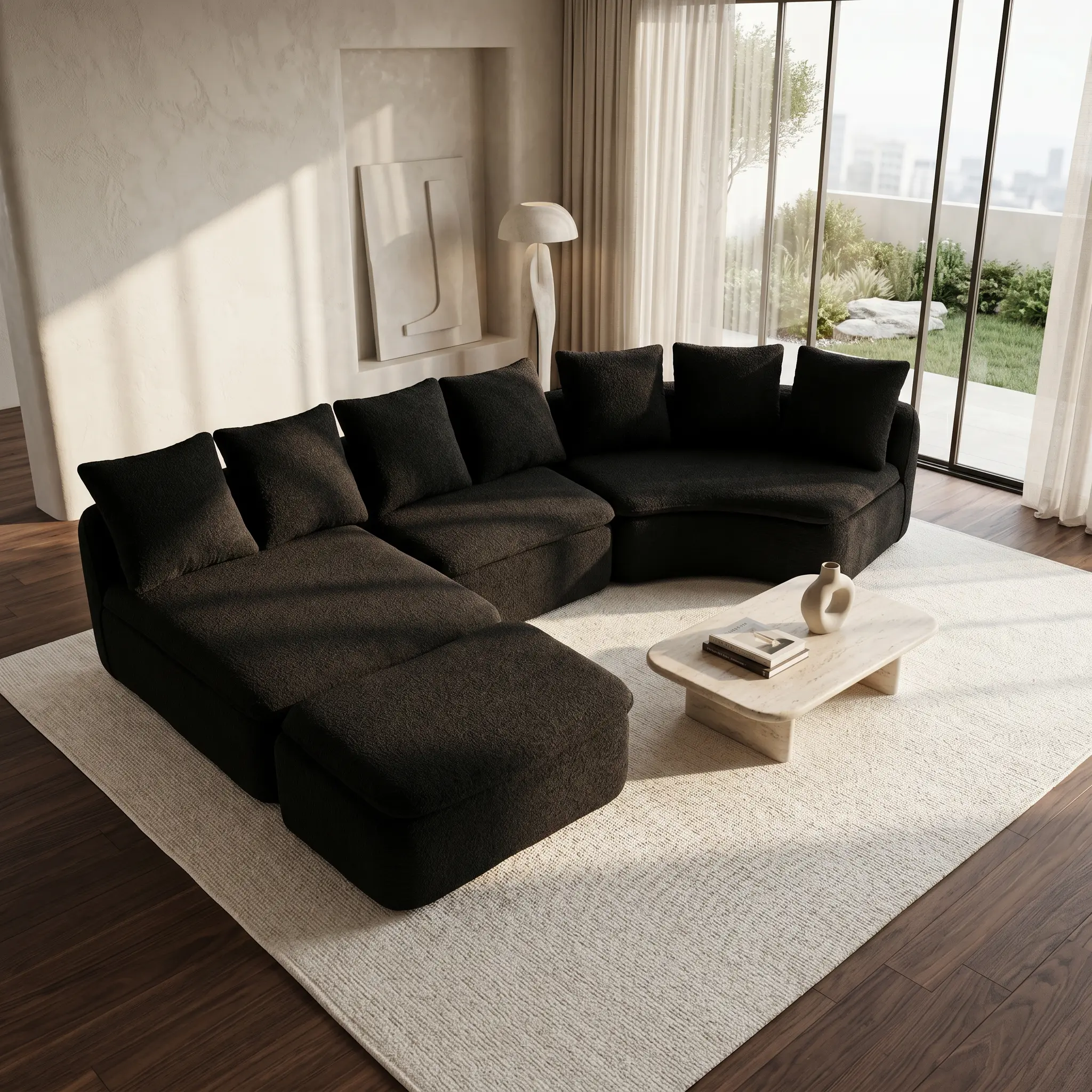 Nokaa 133'' Modular U-Shaped Sectional Sofa with Removable Recliner, Black Woodgrain Chenille Boneless, Flexible Configuration for Large Living Room or Bedroom, Compression Sofa, Living Room Furniture