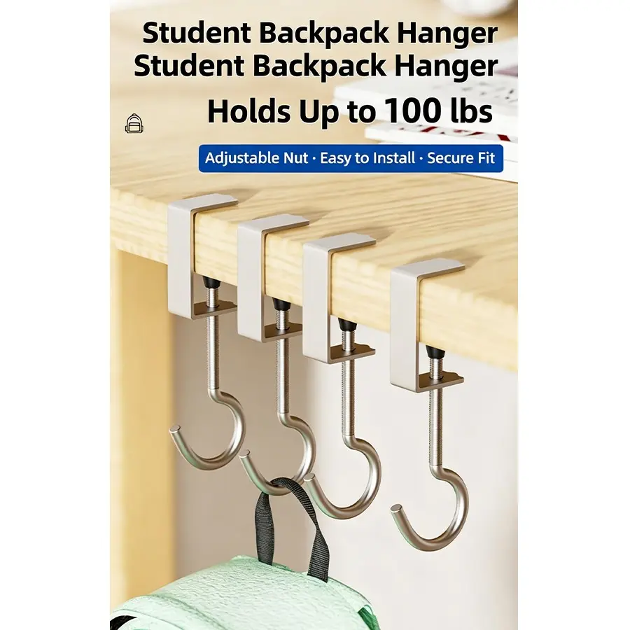 5-Pack Metal Backpack Hooks, Adjustable Desk Hooks for Dorm Furniture, Portable Detachable Hooks, Home Storage Accessories, Bags Hooks
