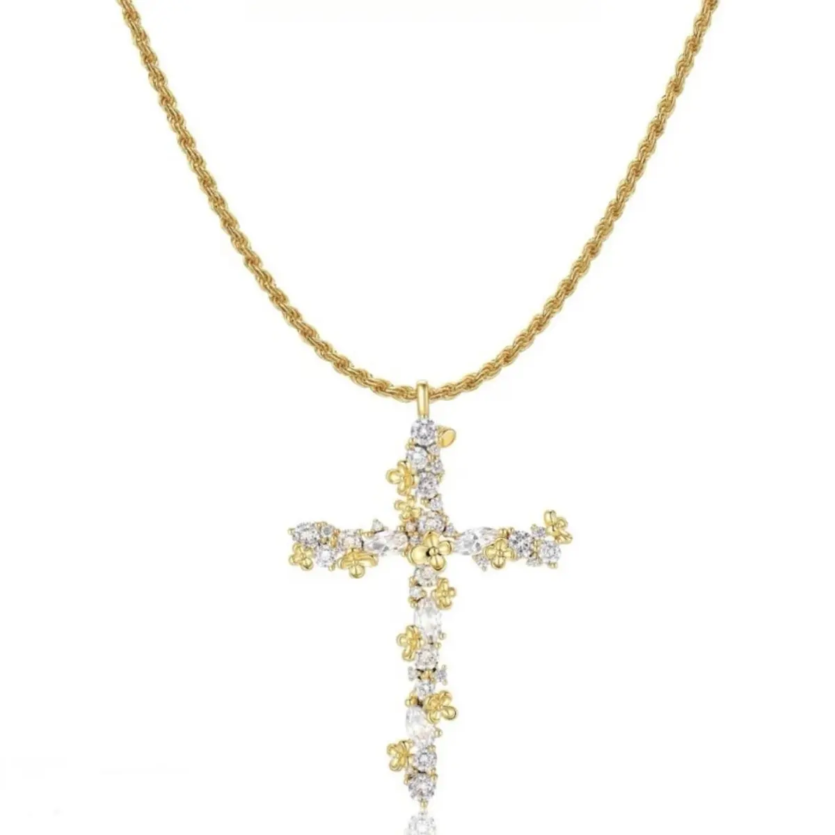 Floral Diamond Cross Women's Necklace, Gold-Plated Twisted Chain Stackable Pendant Necklace, Hypoallergenic Fine Jewelry, an Elegant Gift for Women, a Must-Have Accessory for Dates, Parties, and Everyday Outfits