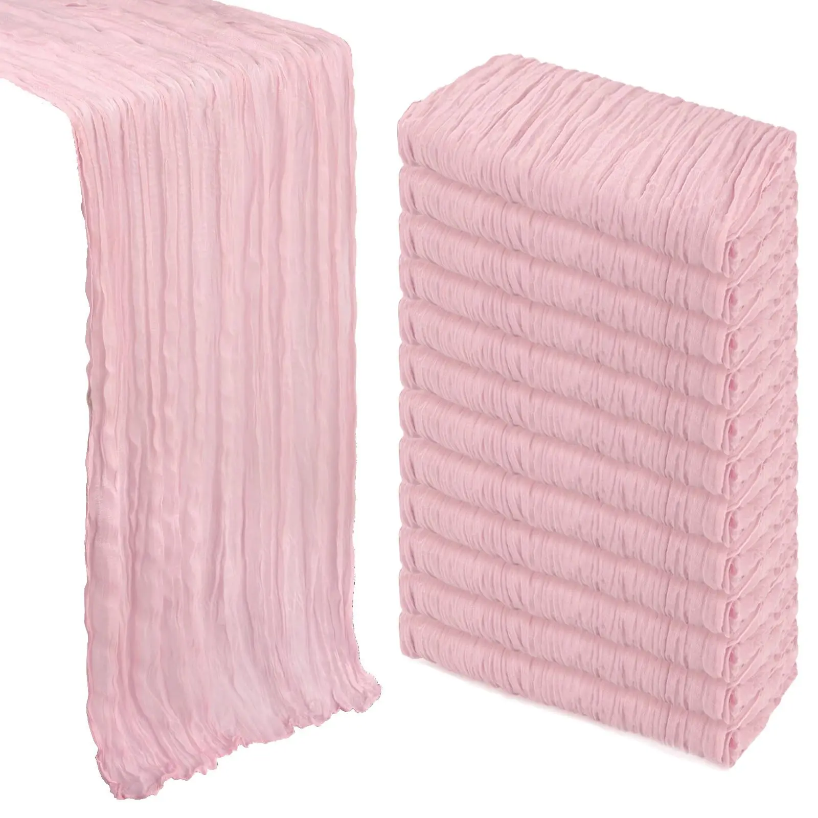 Light Pink Pleated Sheer Gauze Table Runner 6/12 Pack - 17x108in Semi-Sheer Boho Fabric, Romantic Vibe, Elegant Design, Light Blue Option, Table Top Decor for Wedding, All-Season Home Use; Avoid Direct Sunlight, Hot Pink