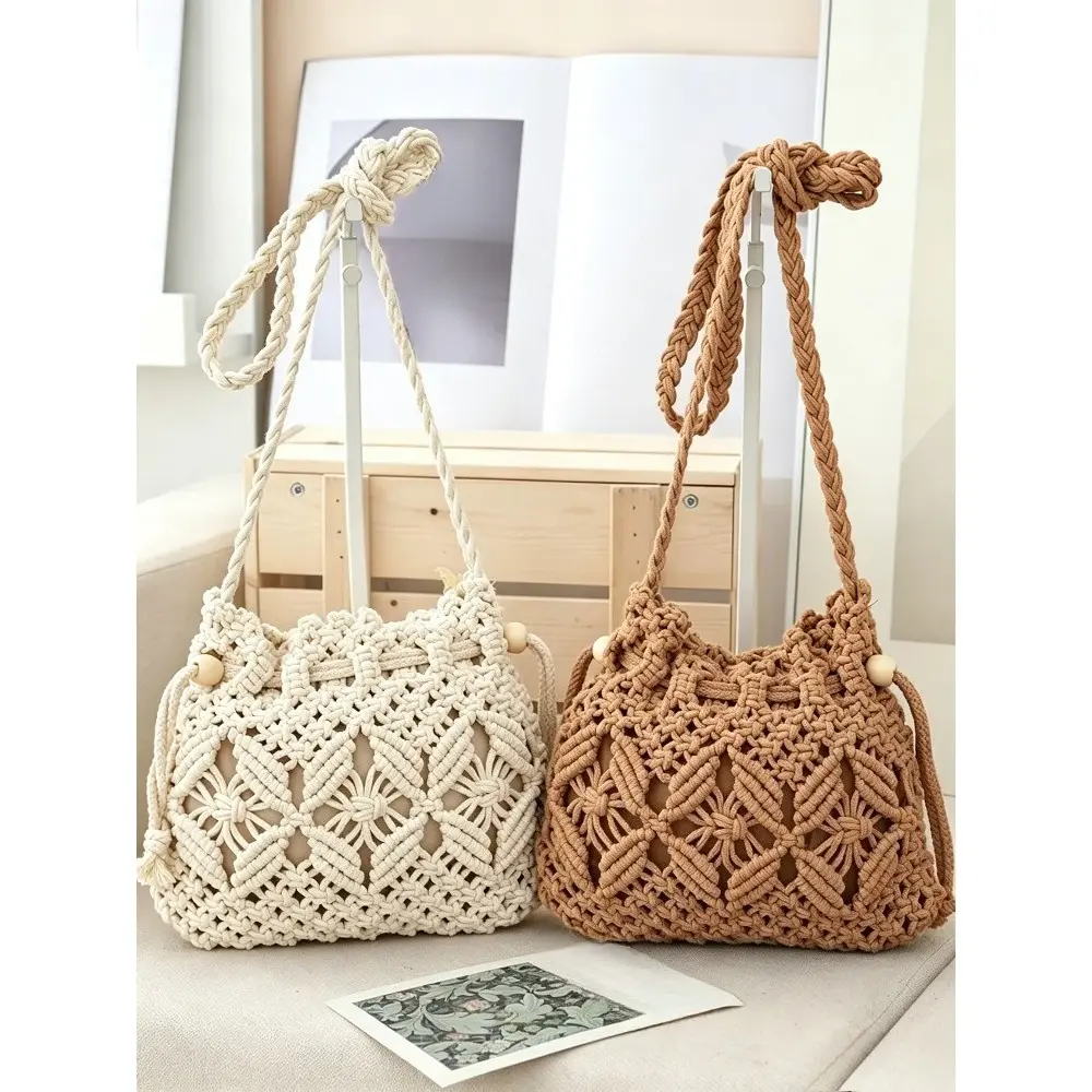 Women's Boho Pattern Soft Cotton Macrame Hollow-Out Crossbody Bag - Adjustable Strap, Wooden Bead Lock Woven Drawstring Top for Beach Vacation, Casual Outdoor Use