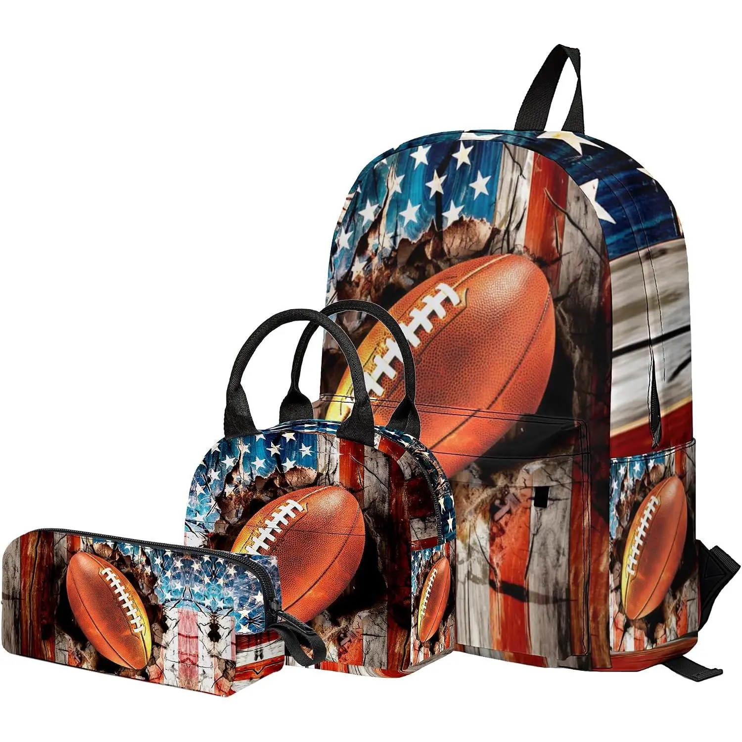 3 count Backpack for Girls Boys,Teens Flag Football  to School Backpack with Lunch Box Pencil Case, 17 Inch Lightweight Students Backpack 3 in 1 Set for Elementary Middle High School