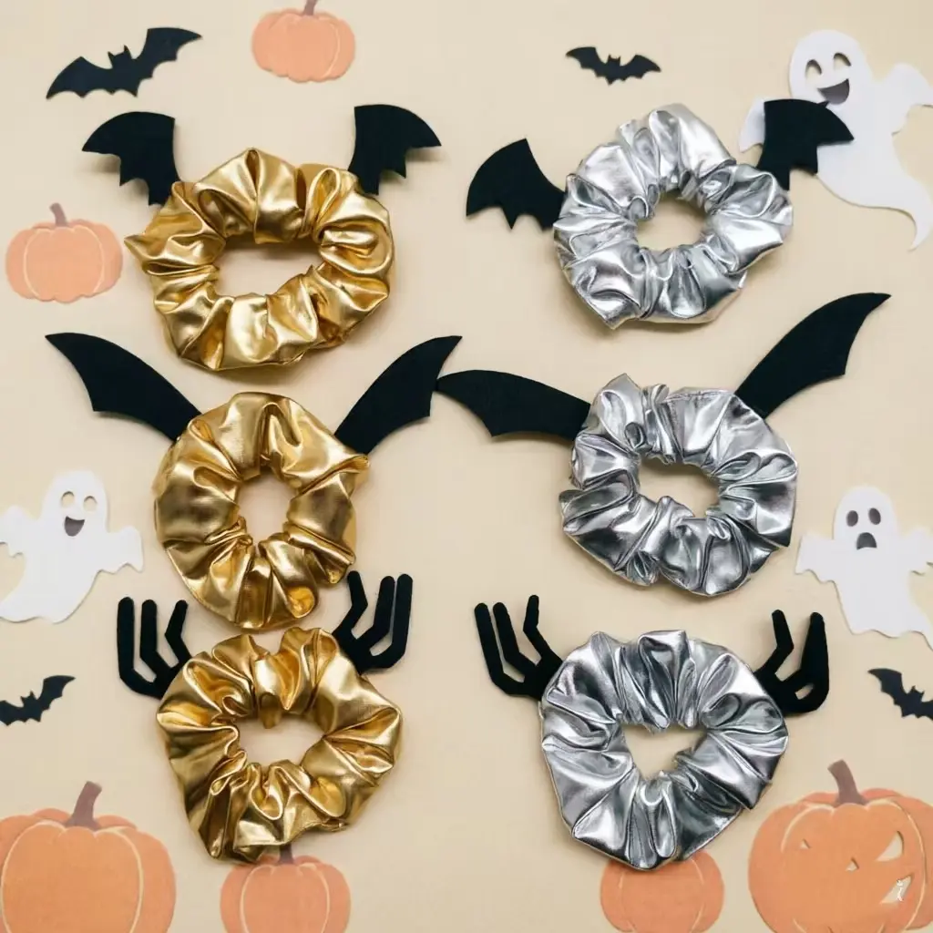 Gold Metallic Bat Wing Scrunchie, Spooky Halloween Hair Tie, Cute Gothic Ponytail Holder, Cosplay Costume Hair Accessory for Women Girls Halloween Party Decor