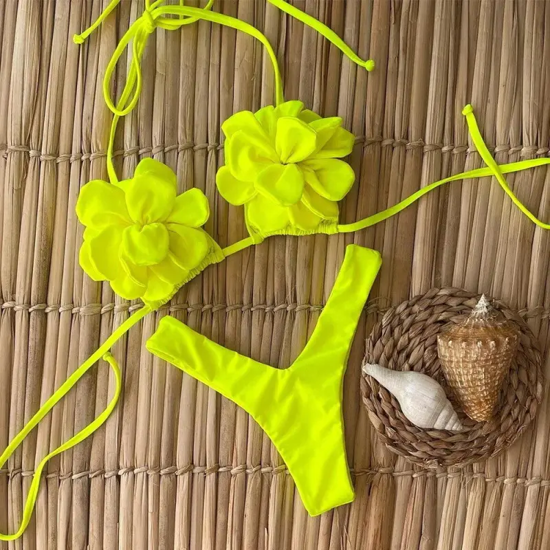 Women's Bright Solid Floral-Pattern Quick-Dry Breathable Fitted Casual Sexy Spring-Summer Beach Bikini Swimwear