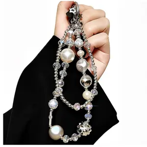 Luxury Pearl Phone Wrist Strap Crystal Diamond Beaded Keychain Wristlet for Phone Chain Wristlet Glitter Rhinestone Cellphone Lanyard Dual Chains Phone Strap Wrist Keychain Bag Charms for Handbags