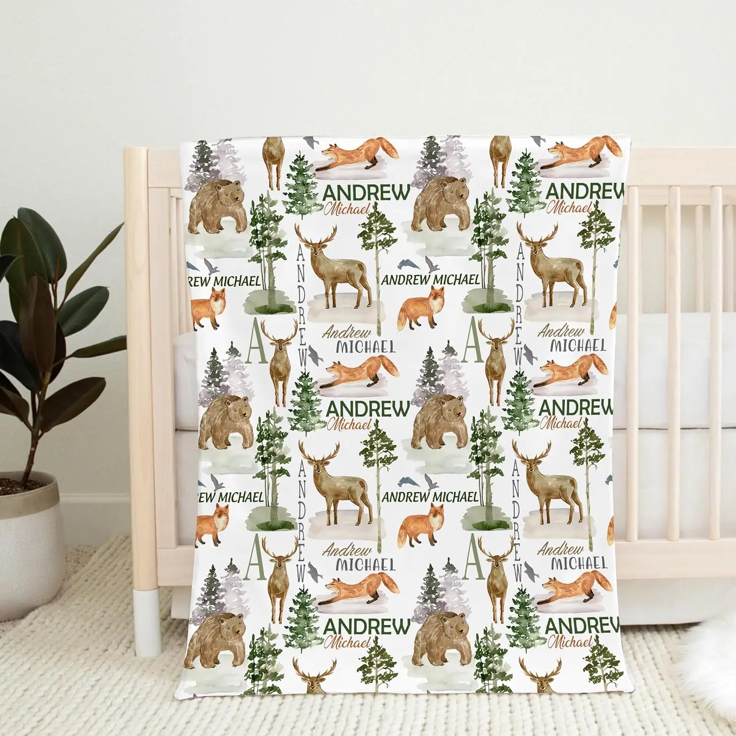 Woodland Forest Animals Personalized Name Throw Blanket, Fox Deer Bear Wildlife Print Decor Flannel Blanket, Baby Shower Keepsake Gift, Soft Couch Throw Blanket cozy holiday