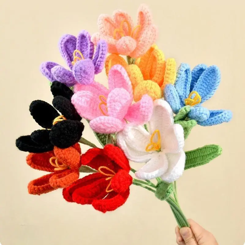 10pcs Handmade Crochet Tulip Artificial Flowers Bouquet Decorative Cotton Tulips for Valentine's Day Mother's Day Wedding Gift