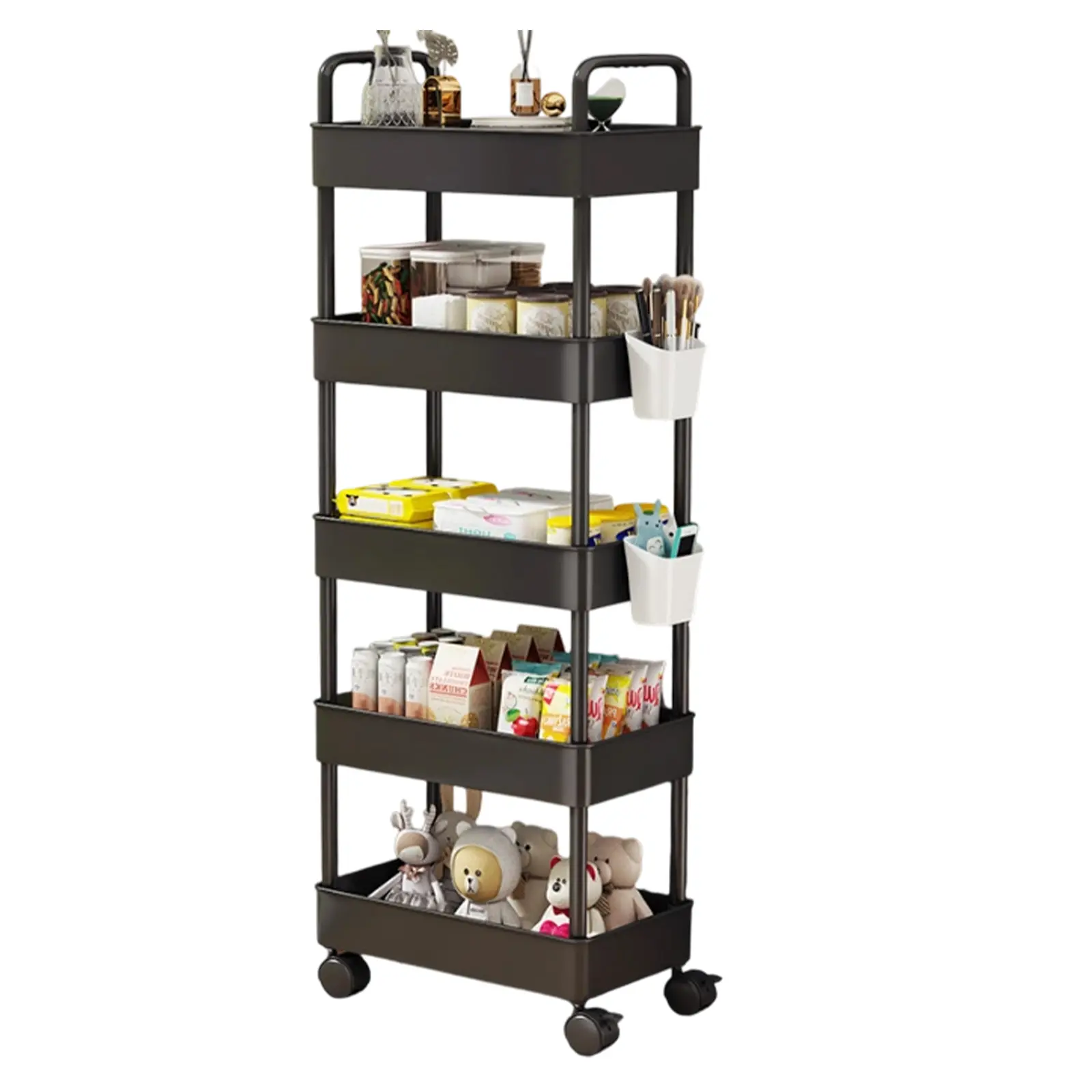 GARVEE Black Slim 5-Tier Steel-Plastic Rolling Storage Cart - Space-Saving Mobile Organizer with 2 Side Baskets, Lockable 360° Wheels - Utility Shelf for Kitchen, Bathroom, Office