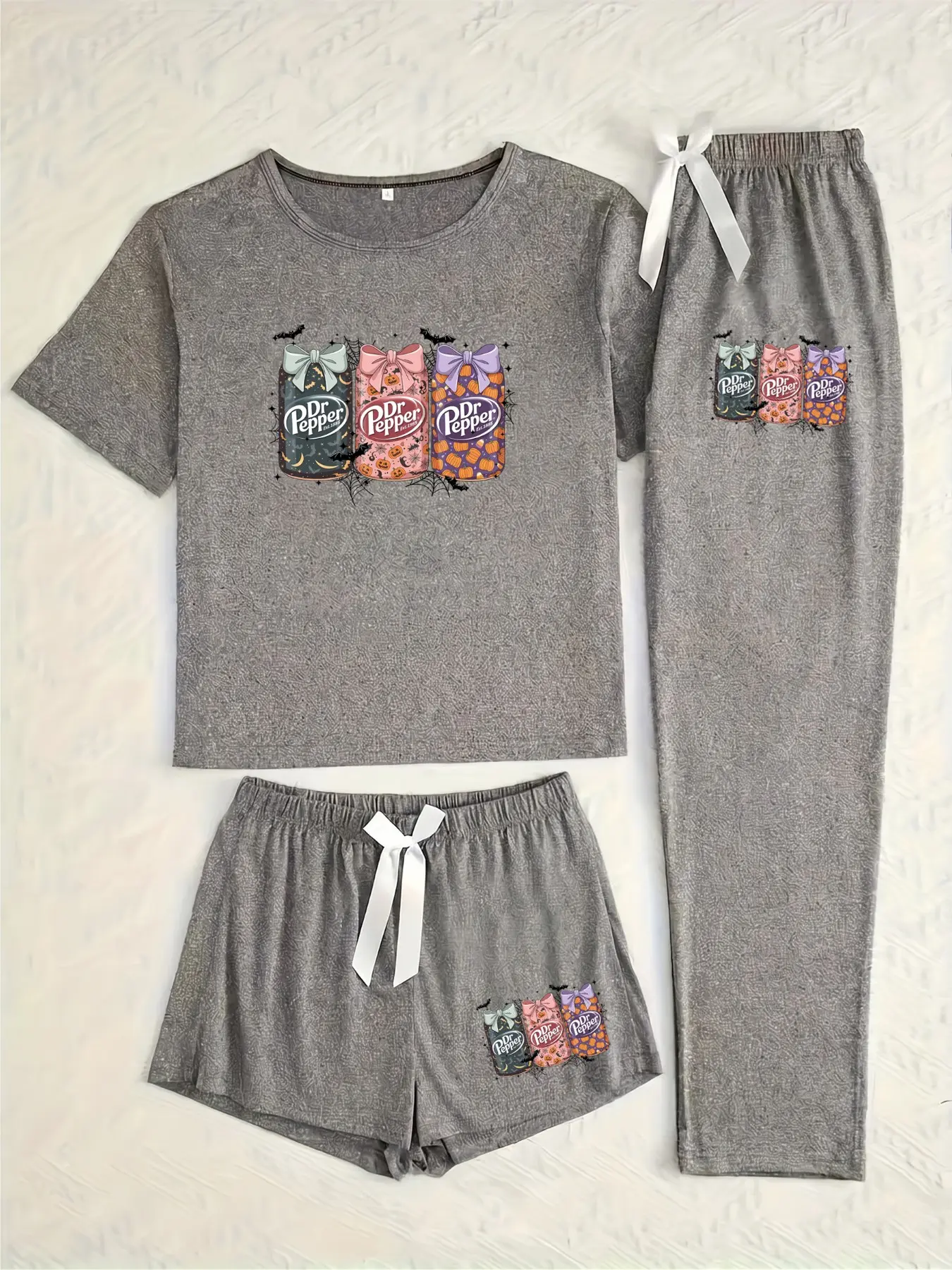 Three-Piece Pajama Set for Women, Halloween Dr Pepper Drink Print, Casual Fitted Sleepwear, All Seasons Comfortable Nightwear