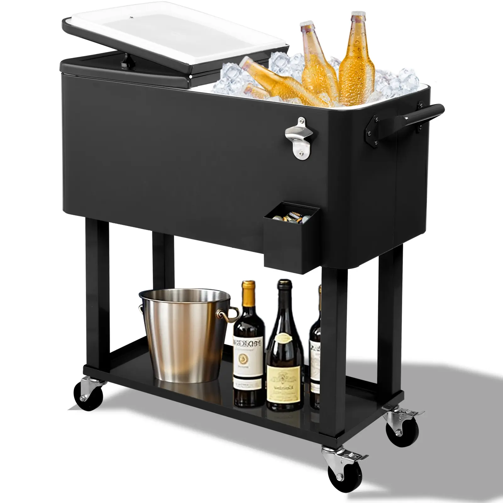 80QT Rolling Cooler Cart with Wheels, Ice Chest Outdoor Backyard Coolers on Wheels with Large Storage Space, Portable Drink Beverage Bar for Patio Pool Party with Shelf and Bottle Opener
