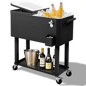 80QT Rolling Cooler Cart with Wheels, Ice Chest Outdoor Backyard Coolers on Wheels with Large Storage Space, Portable Drink Beverage Bar for Patio Pool Party with Shelf and Bottle Opener