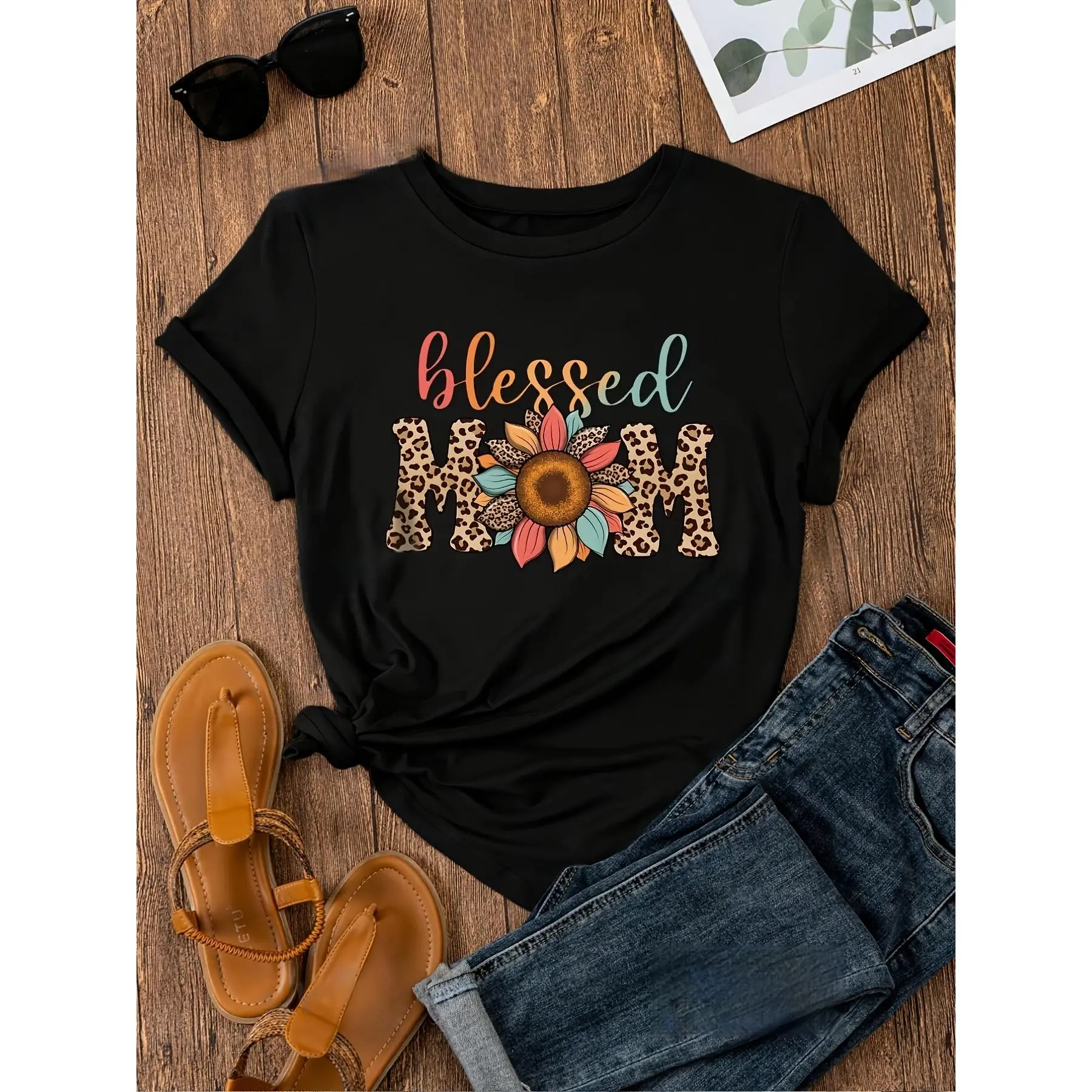 Soft & Stretchy 'Blessed Mom' Graphic Tee - Casual Short Sleeve T-Shirt for Women, Machine Washable, All-Season Comfort