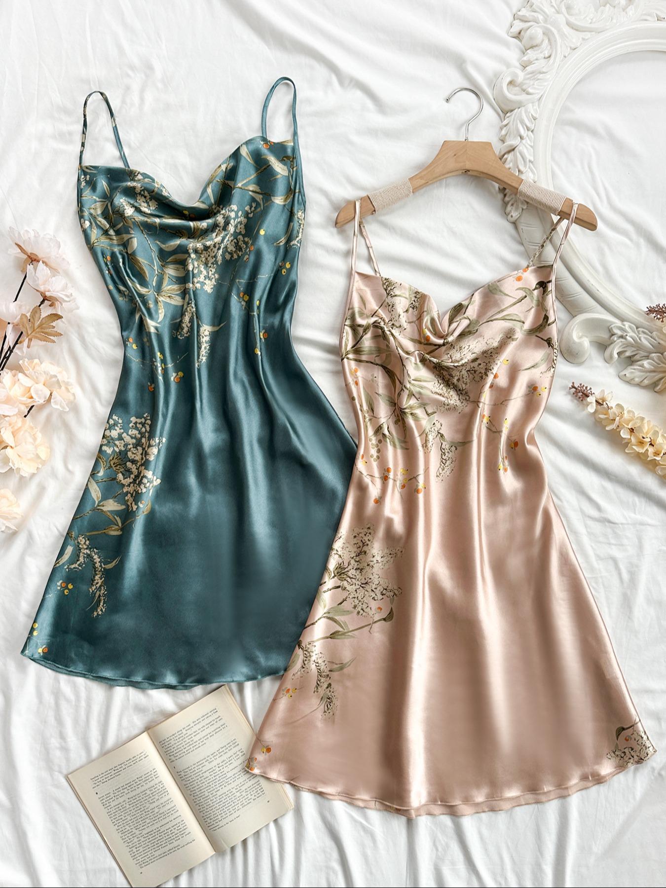 Women's Floral Print Satin Cami Nightdress, Fitted Draped Spaghetti Strap Sleeveless Nightgown, Soft Comfy Aesthetic Sleepwear Loungewear Set for Women