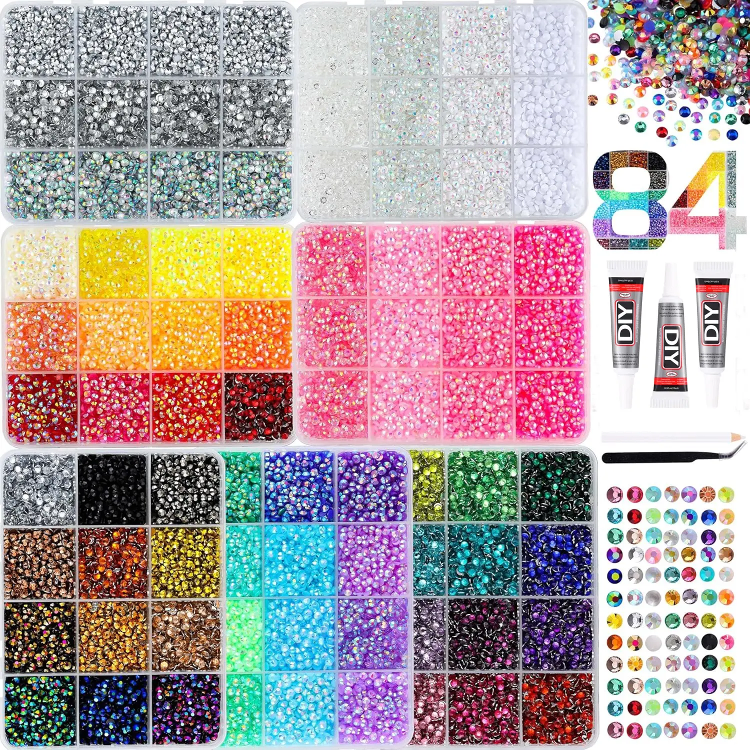 84 Color Large Capacity Nail Art Rhinestones Set, Includes Glue and Tweezers, DIY Nail Craft Supplies, Rainbow Gems for Decorations