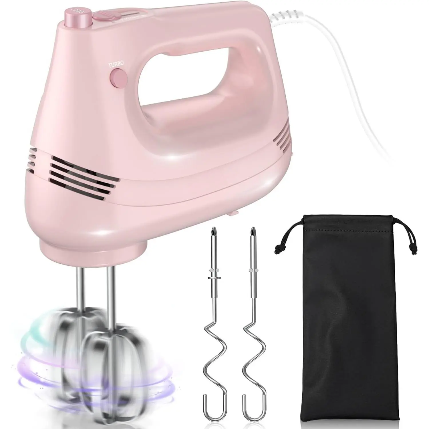 Electric Hand Mixer with Stainless Steel Whisk, Dough Hook Attachment and Storage Bag, Handheld Mixer for Baking Cakes, Eggs, Cream  Mixers. Turbo Boost /5 Speed Kitchen Blender