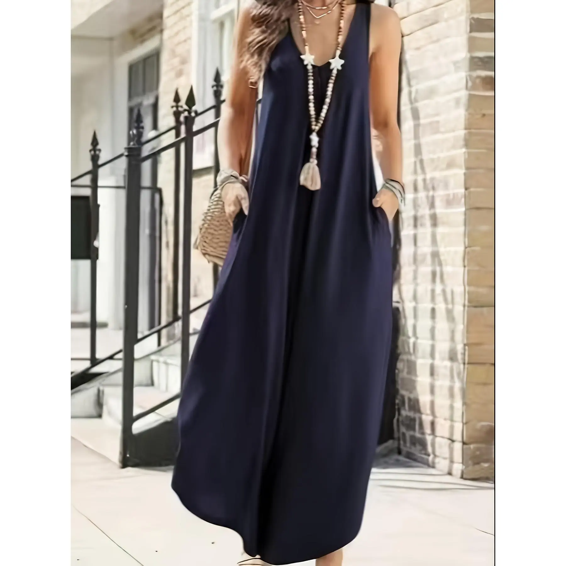 New European and American Style Women's Jumpsuit, Casual Sleeveless V-Neck with Pockets, Wide-Leg Solid Color Dress, Casual Vest with Pockets, Jumpsuit Pants with Suspenders