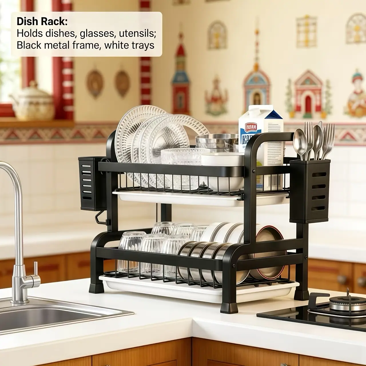 Two-Tier Countertop Dish Drying Rack, Kitchen Countertop Drainer with Drip Tray, Metal Dish Rack with Drainage Channel, Double-Layer Kitchen Dish Drying Rack, Black Dish Rack