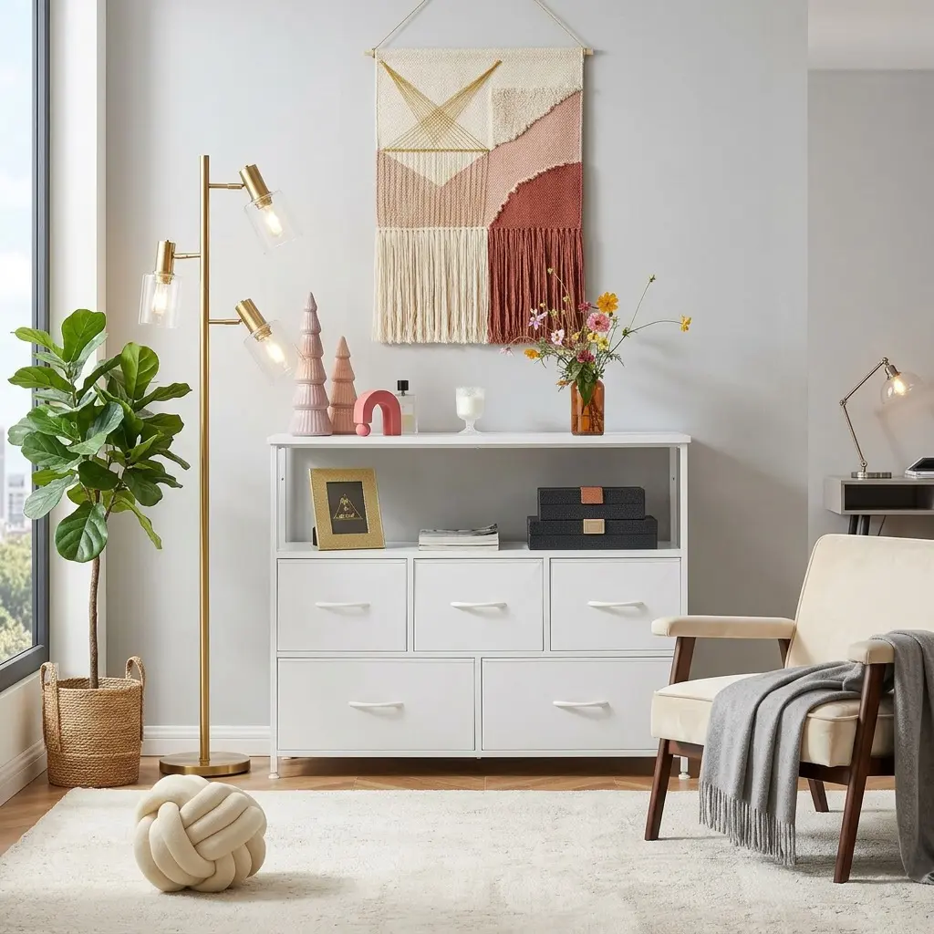 White 5 Drawer Fabric Dresser With MDF Wood Top Triangular Reinforced Steel Frame Storage Chest, Anti-Tip Organizer Mini TV Stand For 45 Inch TV Bedroom Nursery Entryway Dorm Office Home Decor Furniture wide wooden