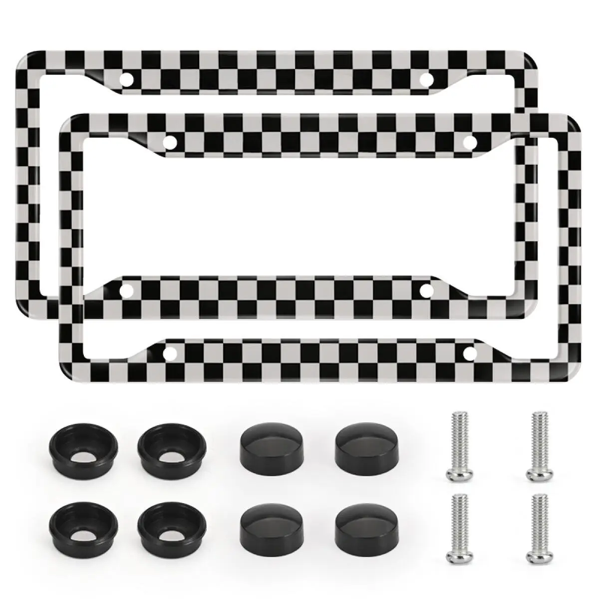 2pcs Black White Checkered License Plate Frames with Screws & Caps, Rust Proof ＆ Easy to Install, Stylish Universal Aluminum Automotive Car Tag Holder for Boys/Girls, Car Accessories for Truck SUV, Car Exterior Decoration Accessories for Men/Women