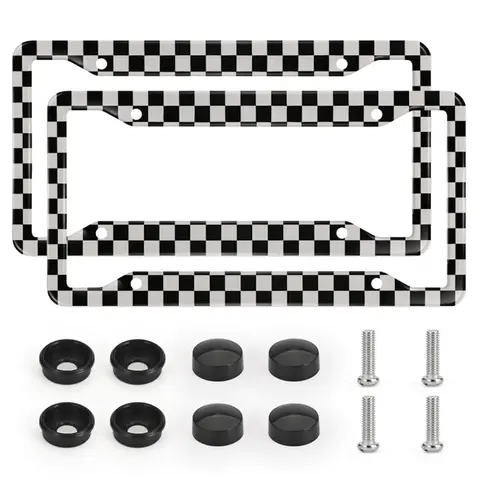 2pcs Black White Checkered License Plate Frames with Screws & Caps, Rust Proof ＆ Easy to Install, Stylish Universal Aluminum Car Tag Holder for Boys/Girls, Car Accessories for Truck SUV, Car Exterior Decoration Accessories for Men/Women, Christmas Gifts