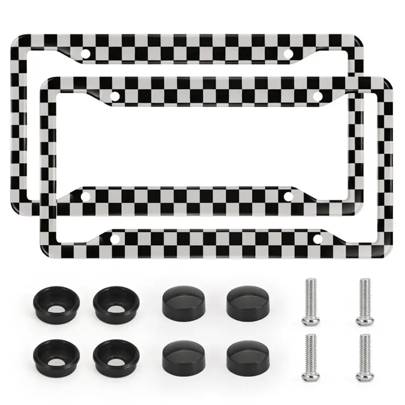 2pcs Black White Checkered License Plate Frames with Screws & Caps, Rust Proof & Easy to Install, Stylish Universal Aluminum Car Tag Holder for Boys/Girls, Car Accessories for Truck SUV, Car Exterior Decoration Accessories for Men/Women, Christmas Gifts