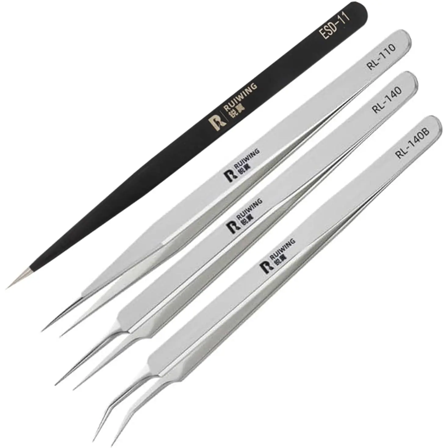 4-Pc Durable RL Series Precision Stainless Steel Long Tip Industrial Tweezers Set - Thick, Extra-Long, Non-Magnetic Coating, Straight & Curved Tips, Protective Caps, for Electronics, Jewelry Repairs, Industrial Hand Tools with Support