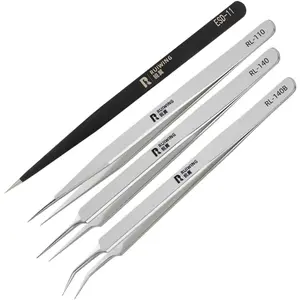 4 Pcs Precision Stainless Steel Tweezers Set, Extra-Long & Thick RL Tweezers, Straight Curved Tips, for Electronics, Jewelry, Crafts, Labs & DIY Repairs, Precision Tools