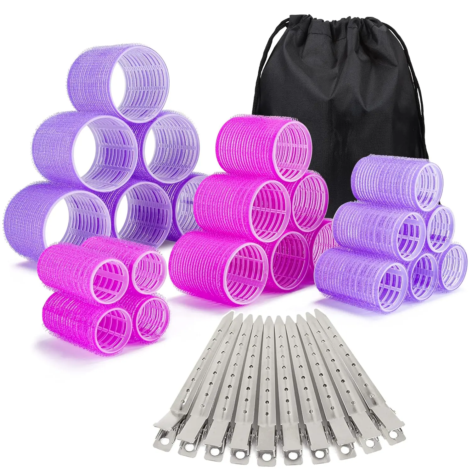 33 Piece Hair Rollers set, Self Grip Hair Rollers for Long Medium Short Hair, ELASO Large Medium Hair Curler (22 Rollers + 10 Stainless steel Clip +1 Storage Bag