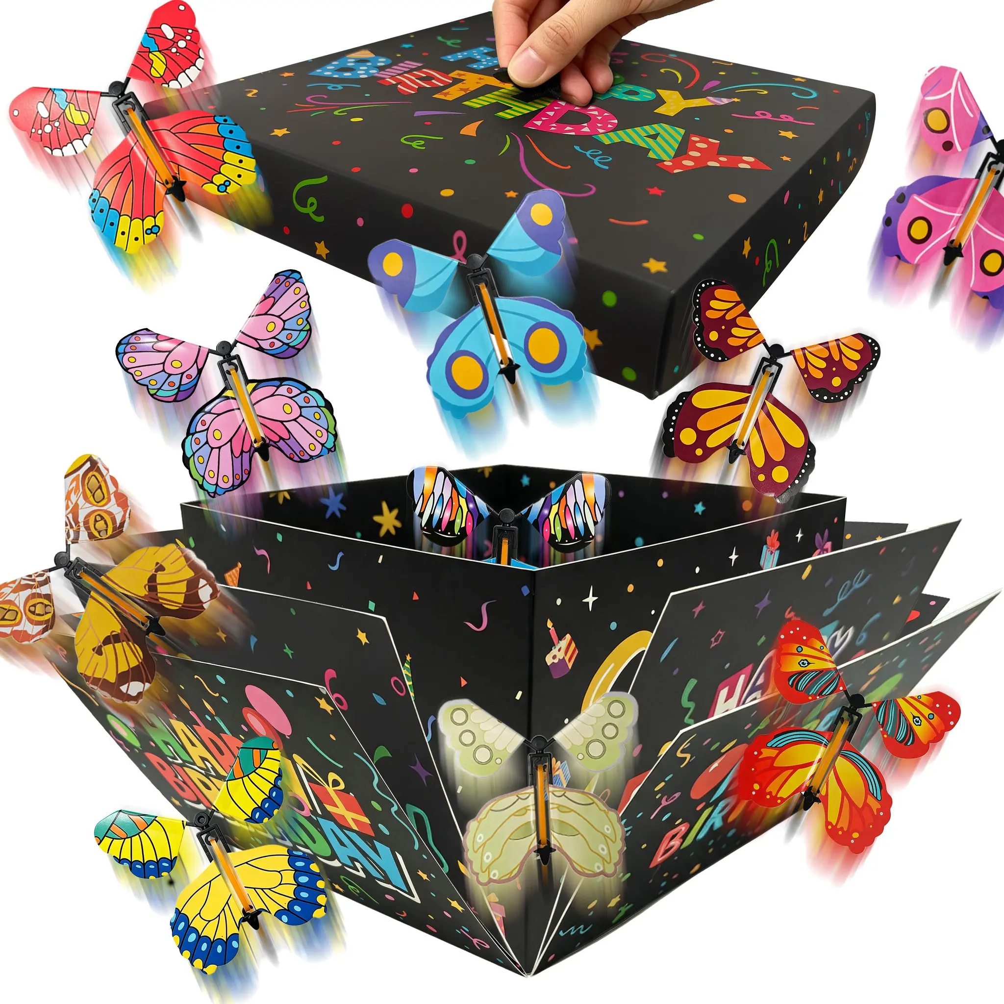 Large Happy Birthday Butterfly Explosion Surprise Box with Reusable Elegant Paper Design, Three Layers, Includes 10 Butterflies, Greeting Card, and Ribbon, Perfect for All Ages, Christmas, Birthday Parties, Graduations, and Celebrations
