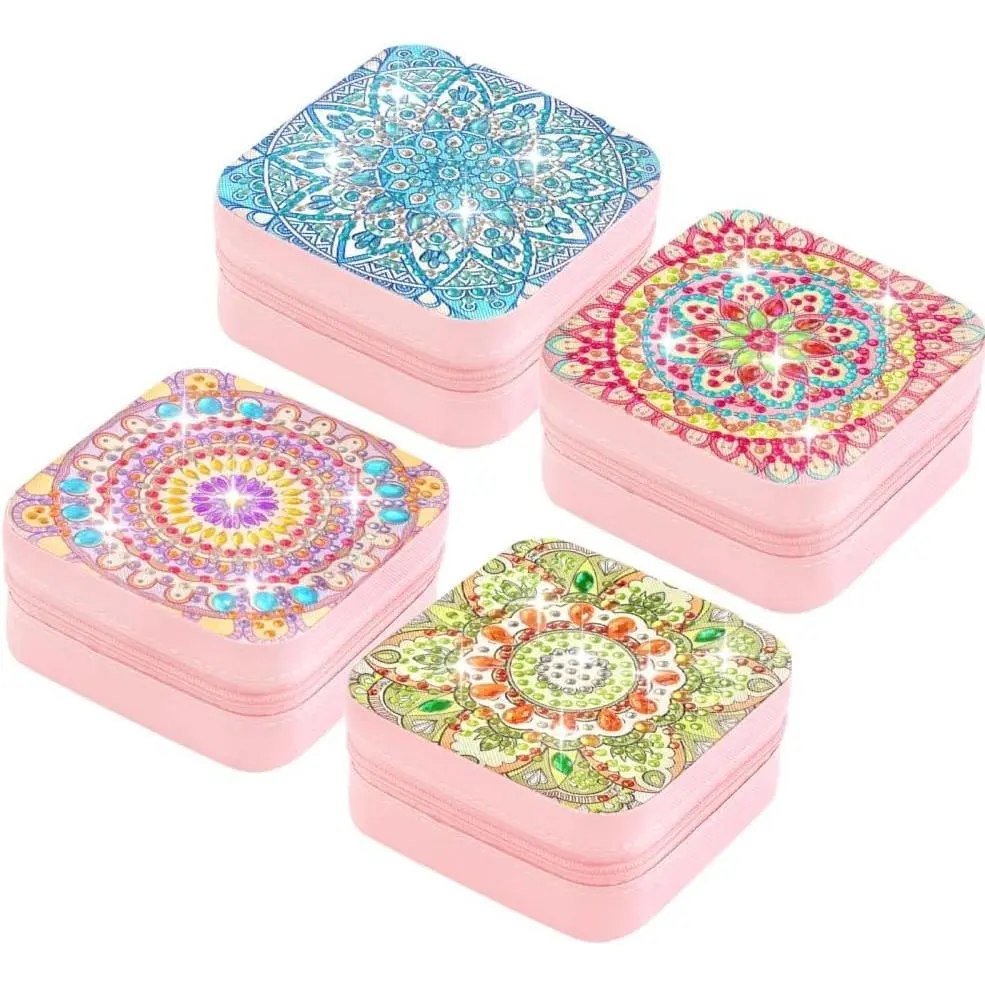 4-in-1 Rhinestone Mandala Jewelry Travel Box Set - 4pcs per Set, Lightweight PU Leather Organizer for Rings, Necklaces, Bracelets, with DIY Diamond Art Decoration Display