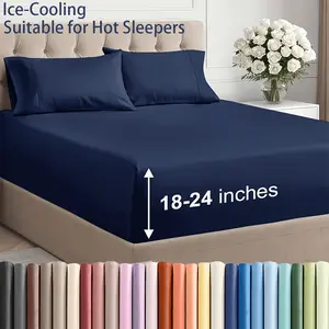 6pcs Extra Deep Ice Cooling bed Sheet Set - Breathable & Cooling Bed Sheets - Easily Fits 18 to 24 inch Mattress - Ultra Soft, Wrinkle & Fade Free with Extra Deep Pockets - Hotel Luxury Bedding - Navy Blue