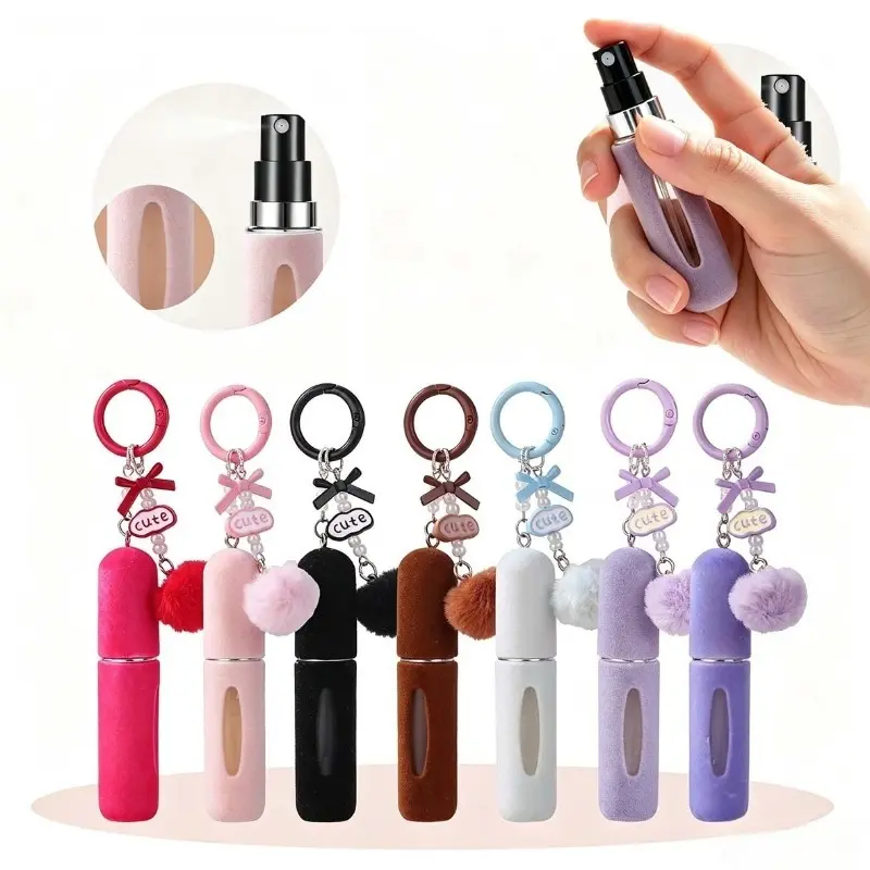 Girlish Plush Ornament Perfume Bottle Keychain, 5ml Portable Refillable Perfume Atomizer with Plush Bag Charm, Bottom Fill Travel Perfume Dispenser