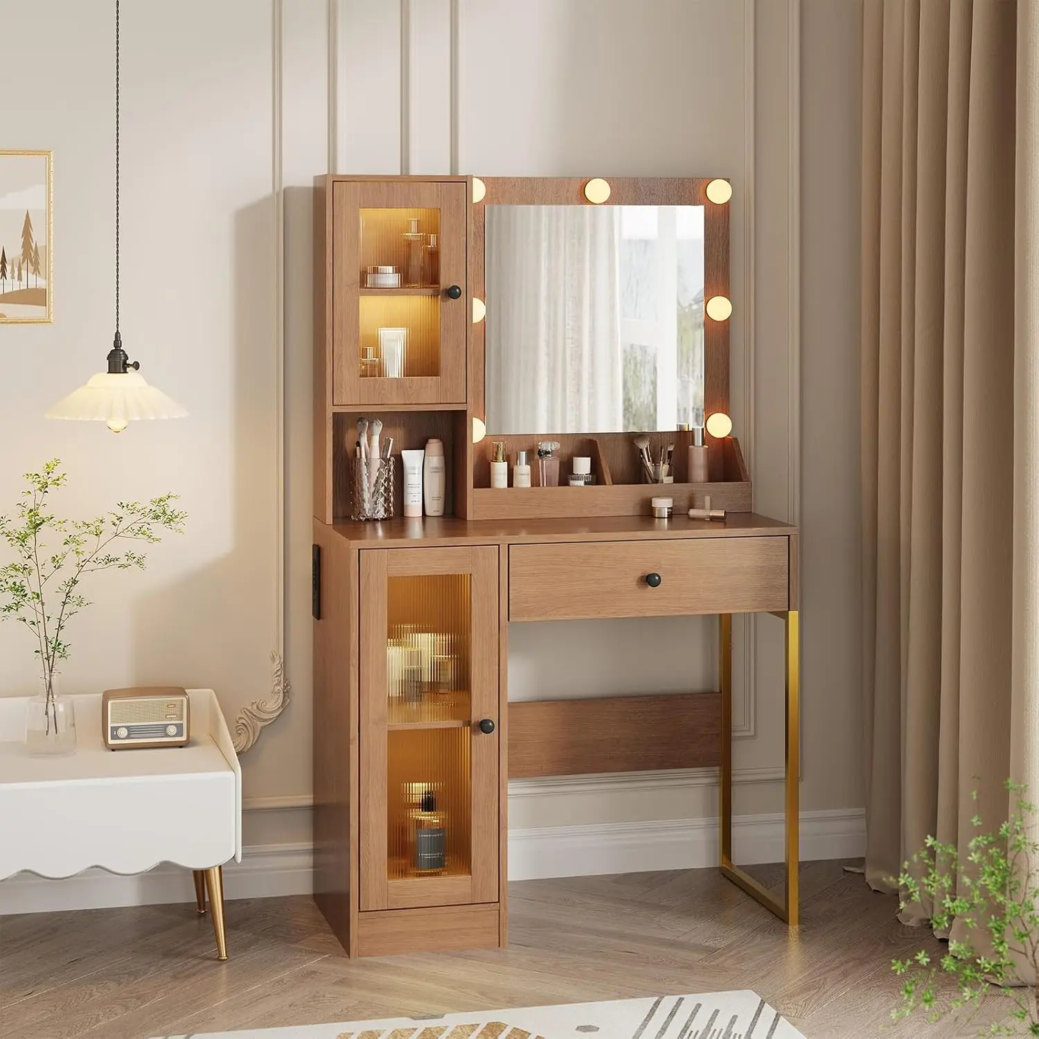 Engineered Wood Retro Look Makeup Vanity Desk with Mirror, Adjustable LED Lights, Open Shelves, Acrylic-Door Storage Cabinets, Built-In Outlets & USB Ports, Metal Accents, Assembly-Required Bedroom Dressing Table, Tool Kit, Metal Led Lighted Makeup Vaniti
