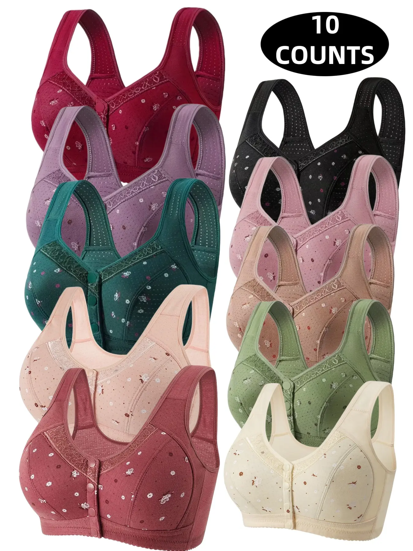 10-Pack Women's Lace Wireless Front Buckle Push-Up Bra, Seamless Smooth Comfort Fit, Daily Wear Underwire-Free Bra, Breathable Soft Fabric, All-Day Support