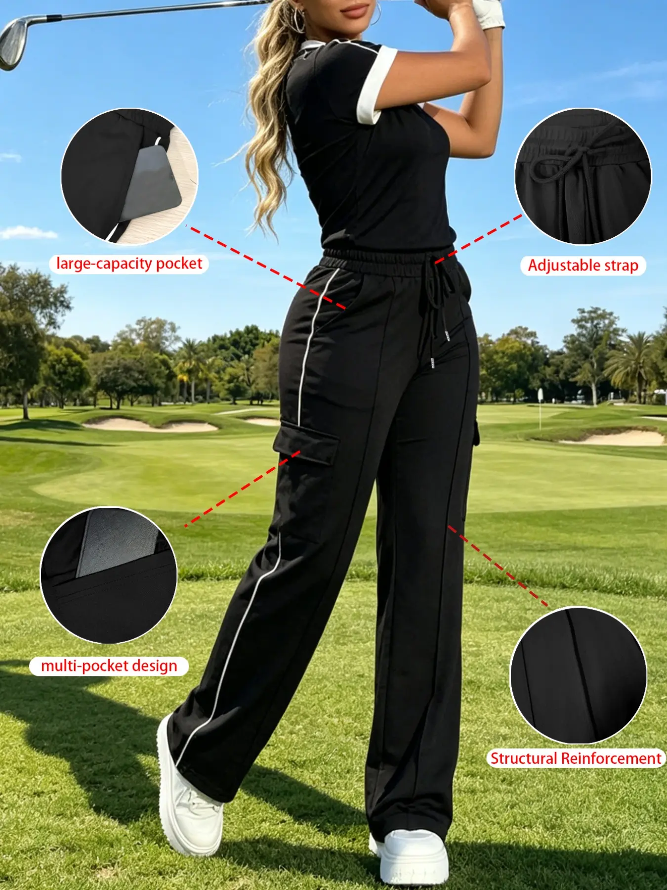 Women's Golf Sport Set, Short Sleeve Colorblock T-Shirt + Side Stripe Cargo Pants, Elastic Waist Drawstring Multi-Pocket, Casual Gym Wear, Casual Athletic Sportswear, Casual Fitness Sportswear