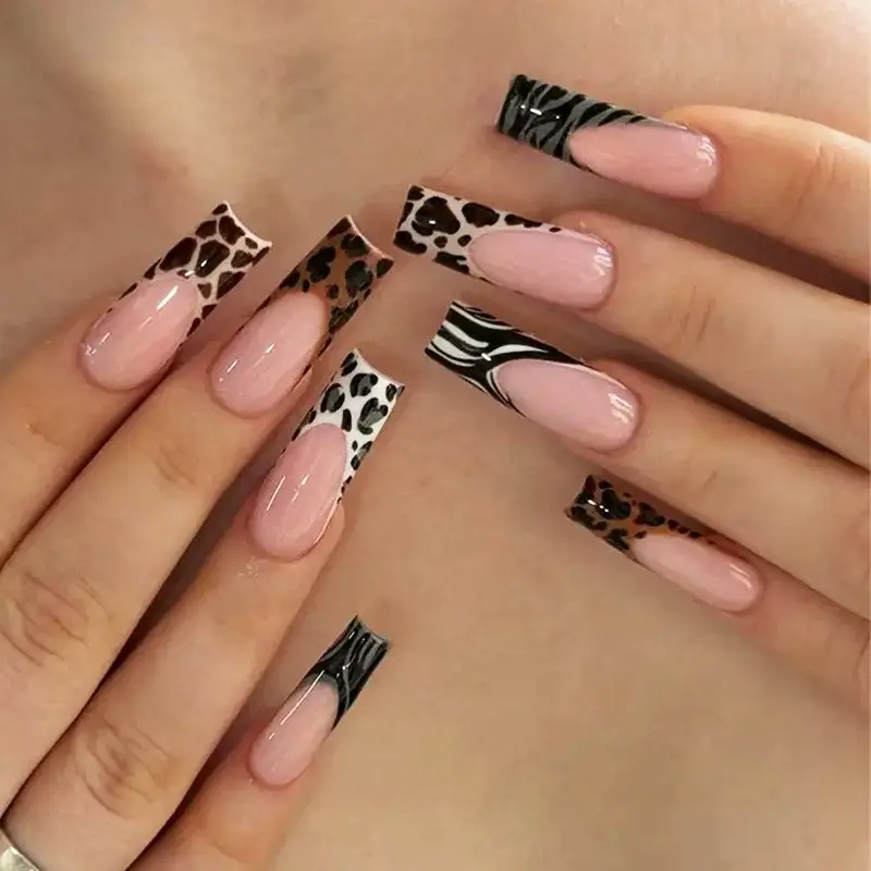 24pcs Long Coffin Leopard Zebra French Press on Nails, Glossy Reusable Fake Nails for Women, Street Party Nail Art