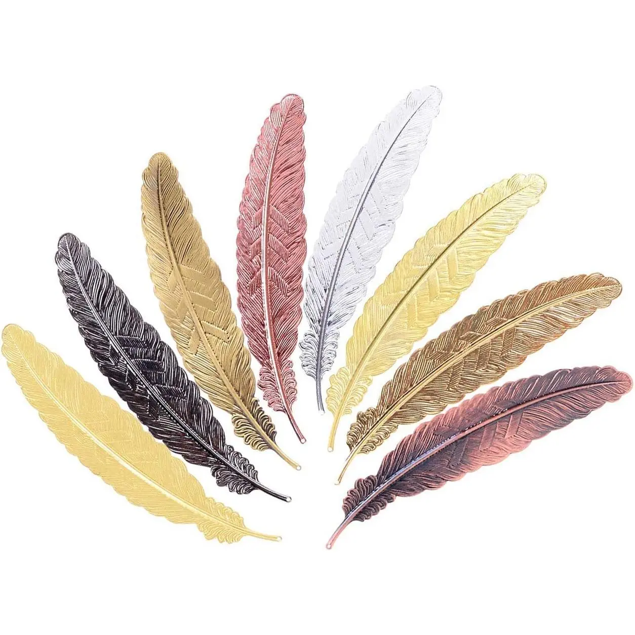 8-Count Medieval Look Feather Shape Metal Bookmarks, Textured Finish, Simple Elegant Thin Bookmarking Supplies, DIY-Friendly Office Stationery Gifts for Book Lovers