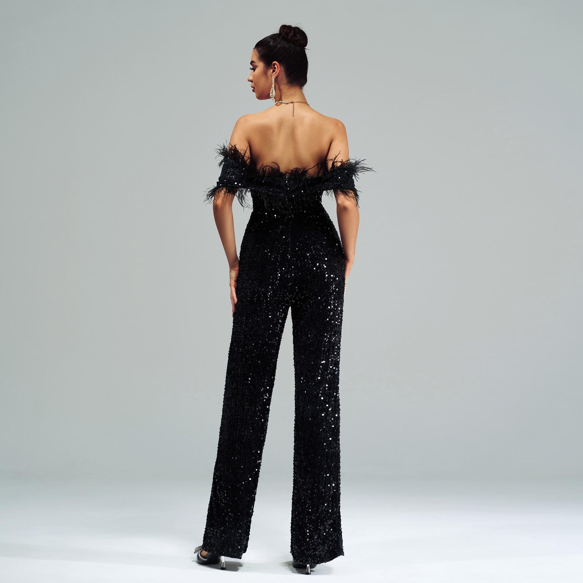 MISSORD Off Shoulder Feather Jumpsuits Womenswear Overalls Black Slight Stretch Back Zipper Padded