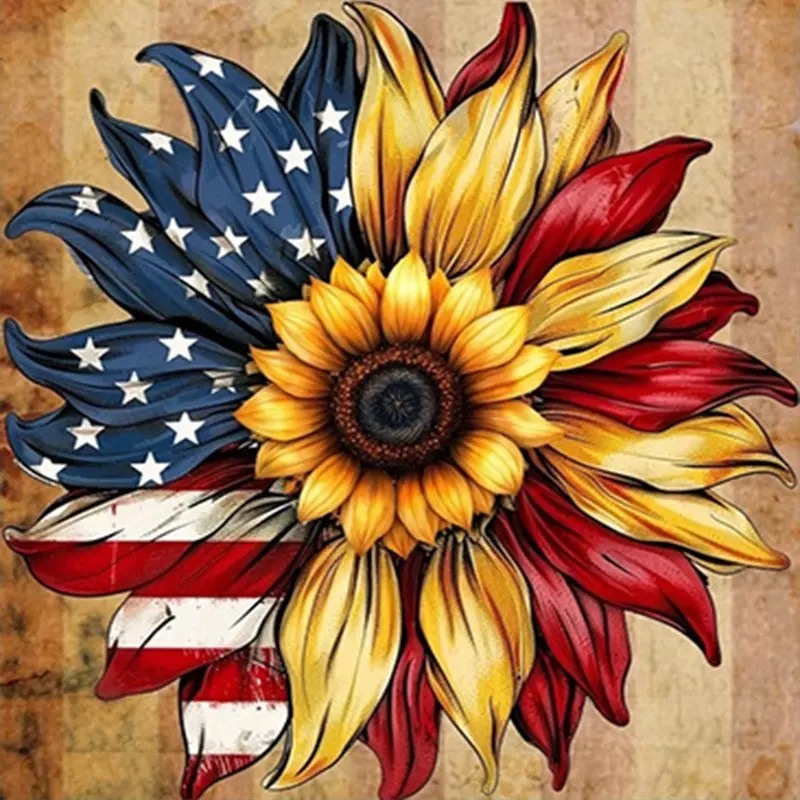 5D Diamond Painting Kit Suitable for Home & Office - American Flag Sunflower with Round Beads, Vibrant DIY Frameless Wall, Color-Coded Craft for &, Holiday Decoration, American-Themed Gift for (No Frame Required)