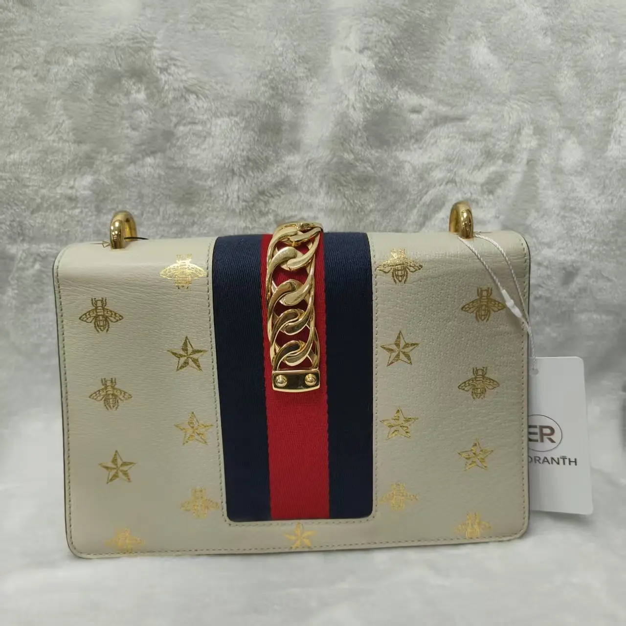 Pre-owned X399 Gucci Sylvie Bee Star Mini White Grained Leather Top Handle Bag w/ Strap