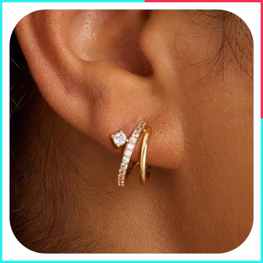 14K Gold Plated Triple Huggie Hoop Earrings - Hypoallergenic, Lightweight Wedding Jewelry Gifts for Women, Trendy Bridal Earrings