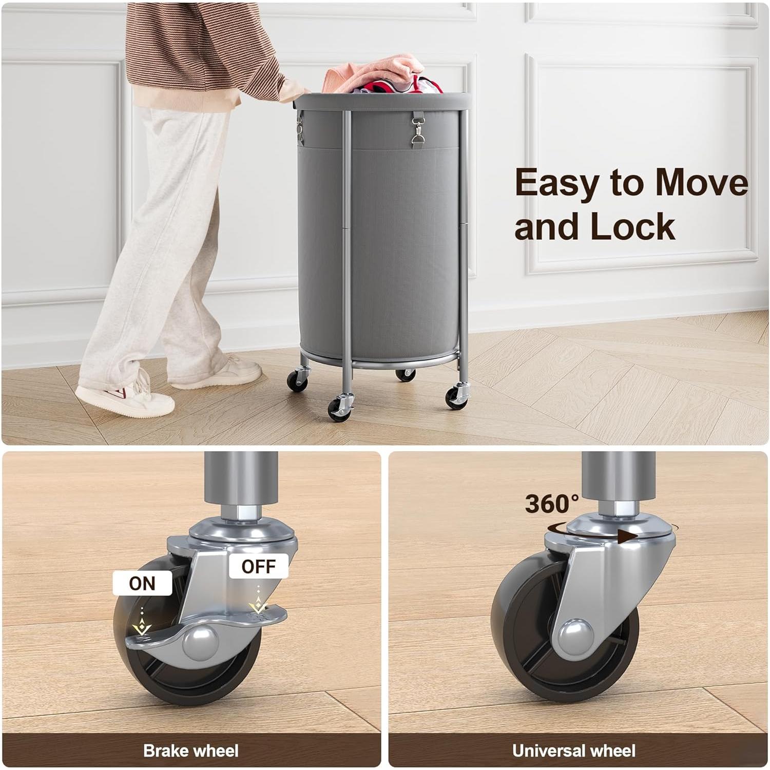 Laundry Hamper with Wheels, 110L Rolling Laundry Basket, Round Laundry Cart with Steel Frame and Removable Bag, 4 Casters and 2 Brakes, Dirty Clothes Hamper for Hotel, Home, Closet, Dorm, Gray Laundry Hamper with Wheels, 110L Rolling Laundry Basket, Round Laundry Cart with Steel Frame and Removable Bag, 4 Casters and 2 Brakes, Dirty Clothes Hamper for Hotel, Home, Closet, Dorm, Gray