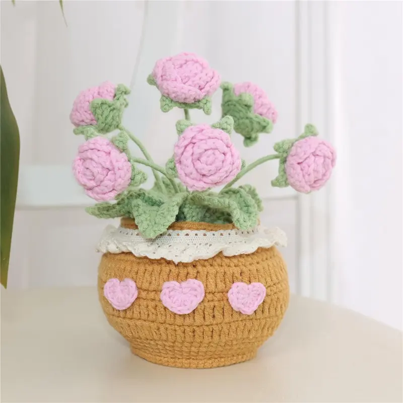 Handmade Knitted Rose Artificial Potted Flower, 1 Count Creative Crochet Flower, Desktop Decorative Flower Pot for Home Office Decor, Gift for Friend & Family