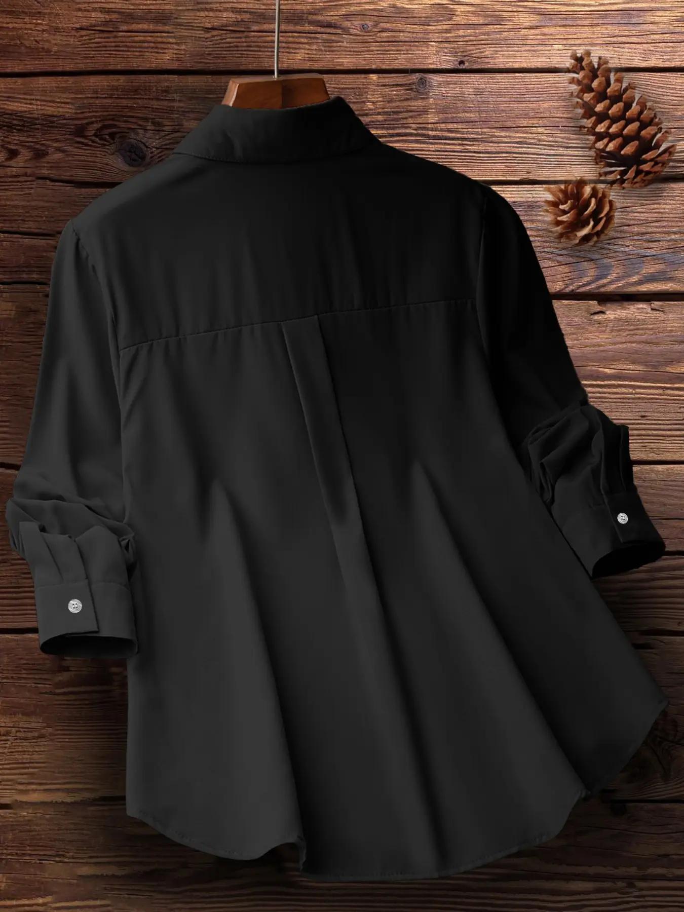 Women's Floral Embroidery Plicated Button Front Shirt, Fashion Casual Long Sleeve Collared Top for Daily Outdoor Wear, Ladies Clothes for Spring, Womenswear