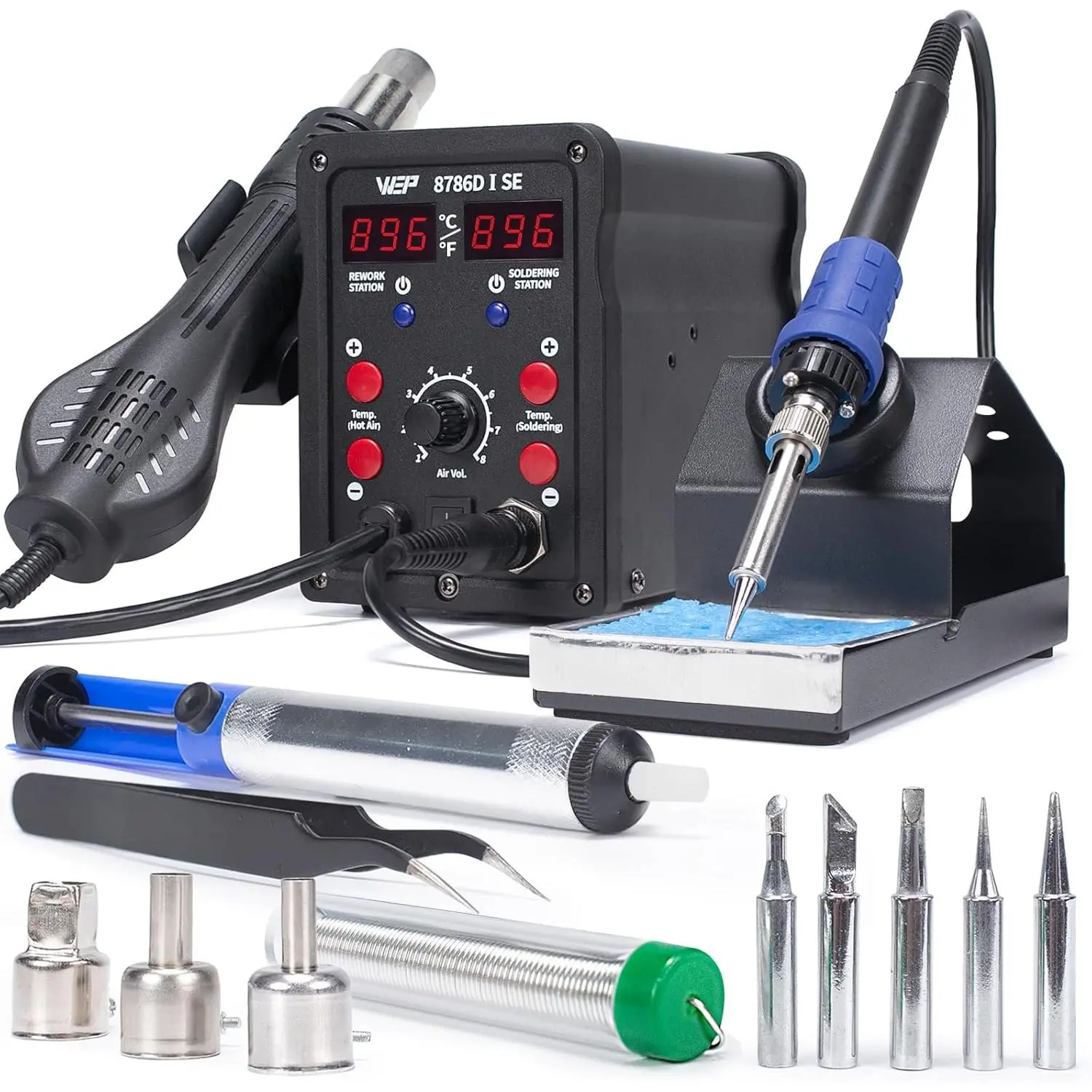 WEP 8786D-I SE 2-IN-1 PID Control Hot Air Soldering Iron Station Kit for Rework, Reflow Repair, Desoldering, with Lead-Free Solder Wire, 5 Soldering Tips, 3 Hot Air Nozzles, Tweezers, Desoldering Pump