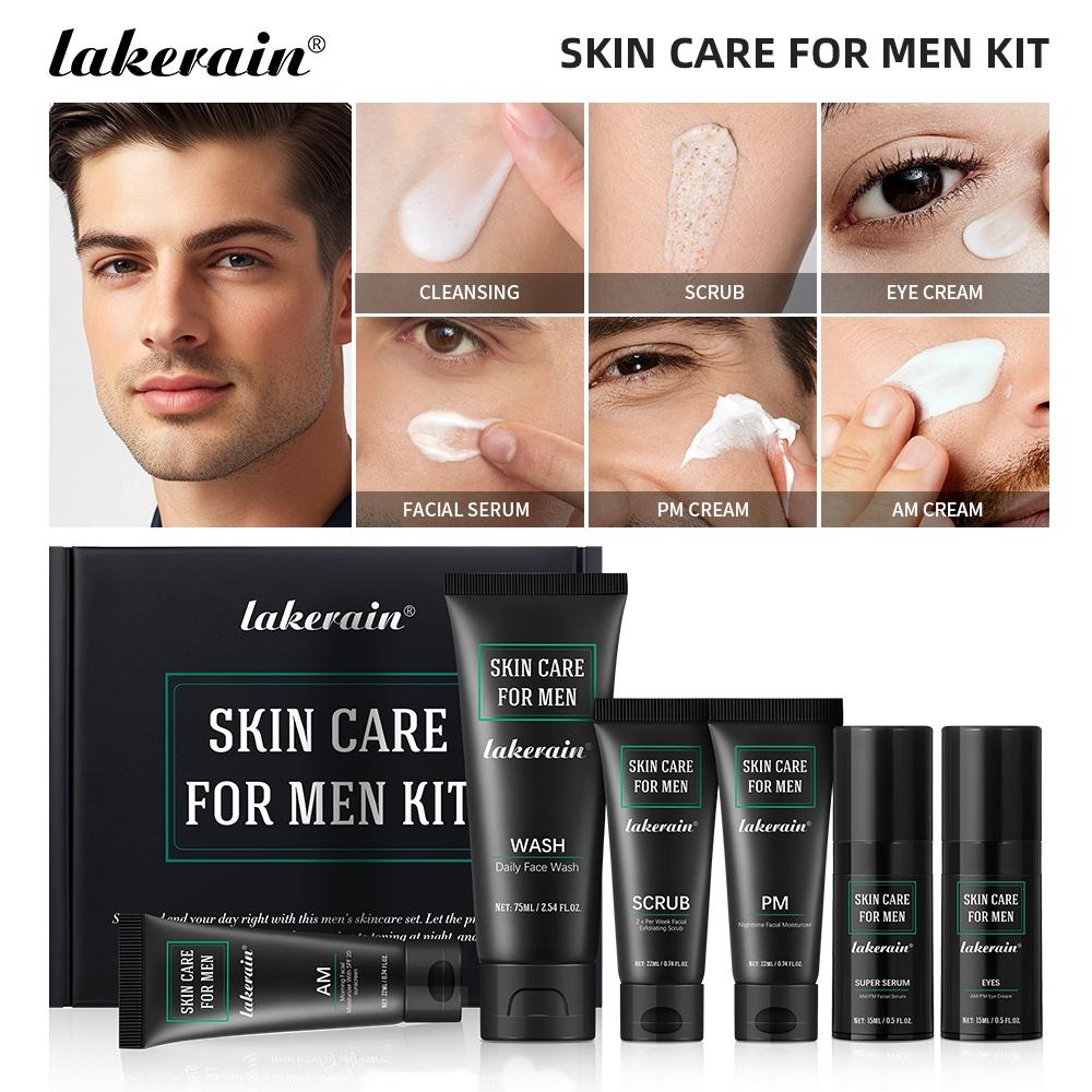 Men's Complete Skincare, 6PCS Set Oil Control, Hydration & Smoothing Kit | Mini Travel Size including Face Wash + Scrub + Day/Night Eye Serum + SPF Day Cream + Night Cream, Perfect for Business Travel & Daily Use, Moisturizing