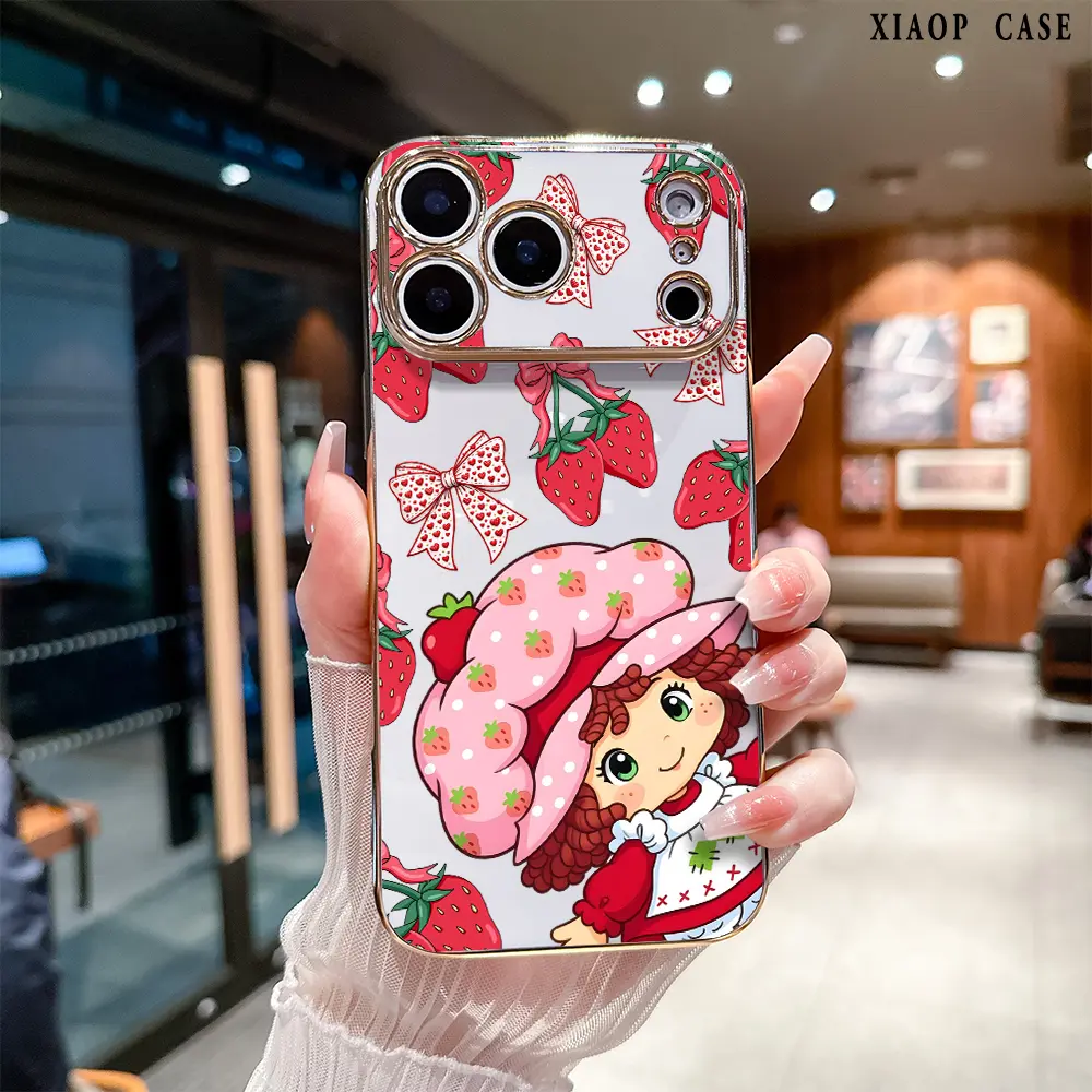 Luxury Electroplated TPU Crystal Lights Cellphone Case - Strawberry Girl & Bow Pattern, Classic Straight Design, Ultra-Slim Soft Shockproof Grip Cover, Customized Fit for iPhone 11,12,13,14 Plus,15,16,17 Pro Max, Air, Cyan iOS Phone Accessories