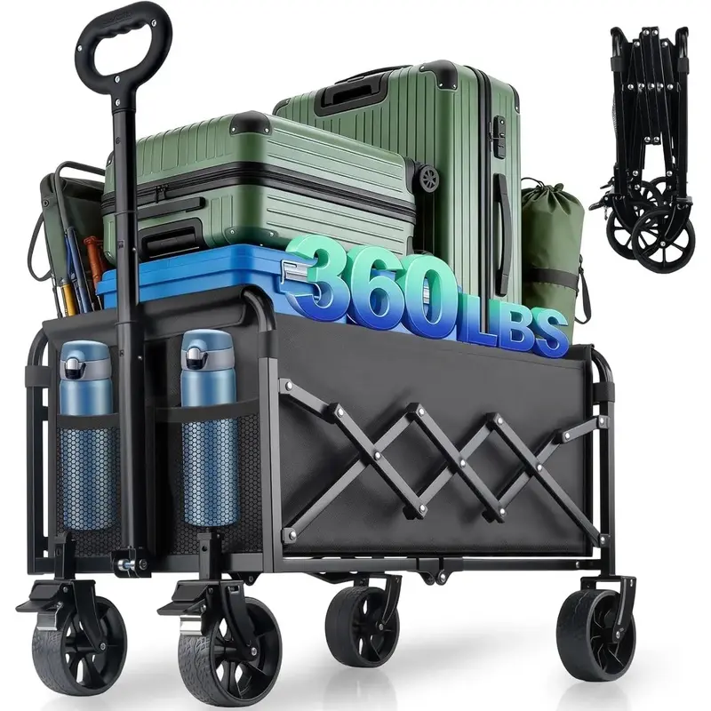 Collapsible Heavy-Duty Utility Cart with Brake System, 360 lbs Capacity, All-Terrain Wheels, Foldable Multi-Purpose Trolley for Shopping, Camping, Outdoor Use (Home Supplies Compatible)